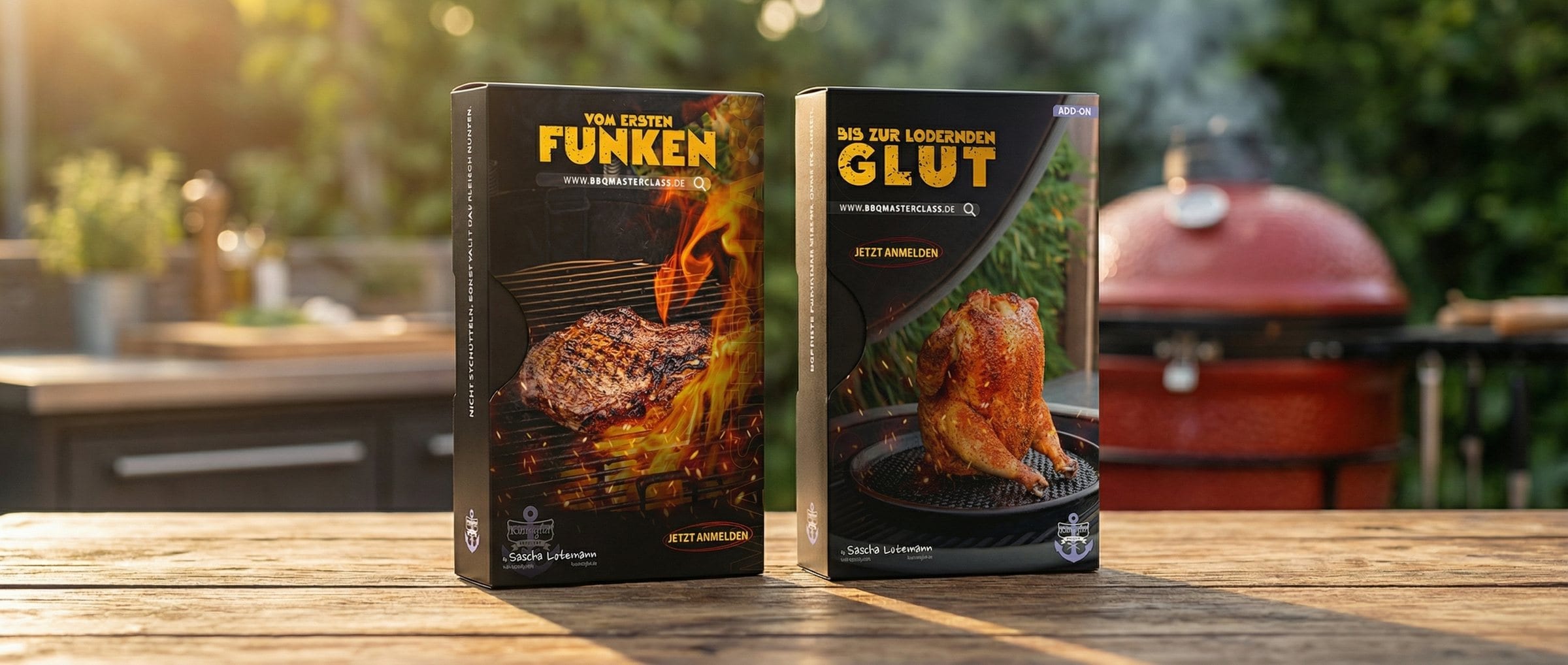 The BBQ Masterclass course packaging photographed outdoors beside a ceramic grill at dusk