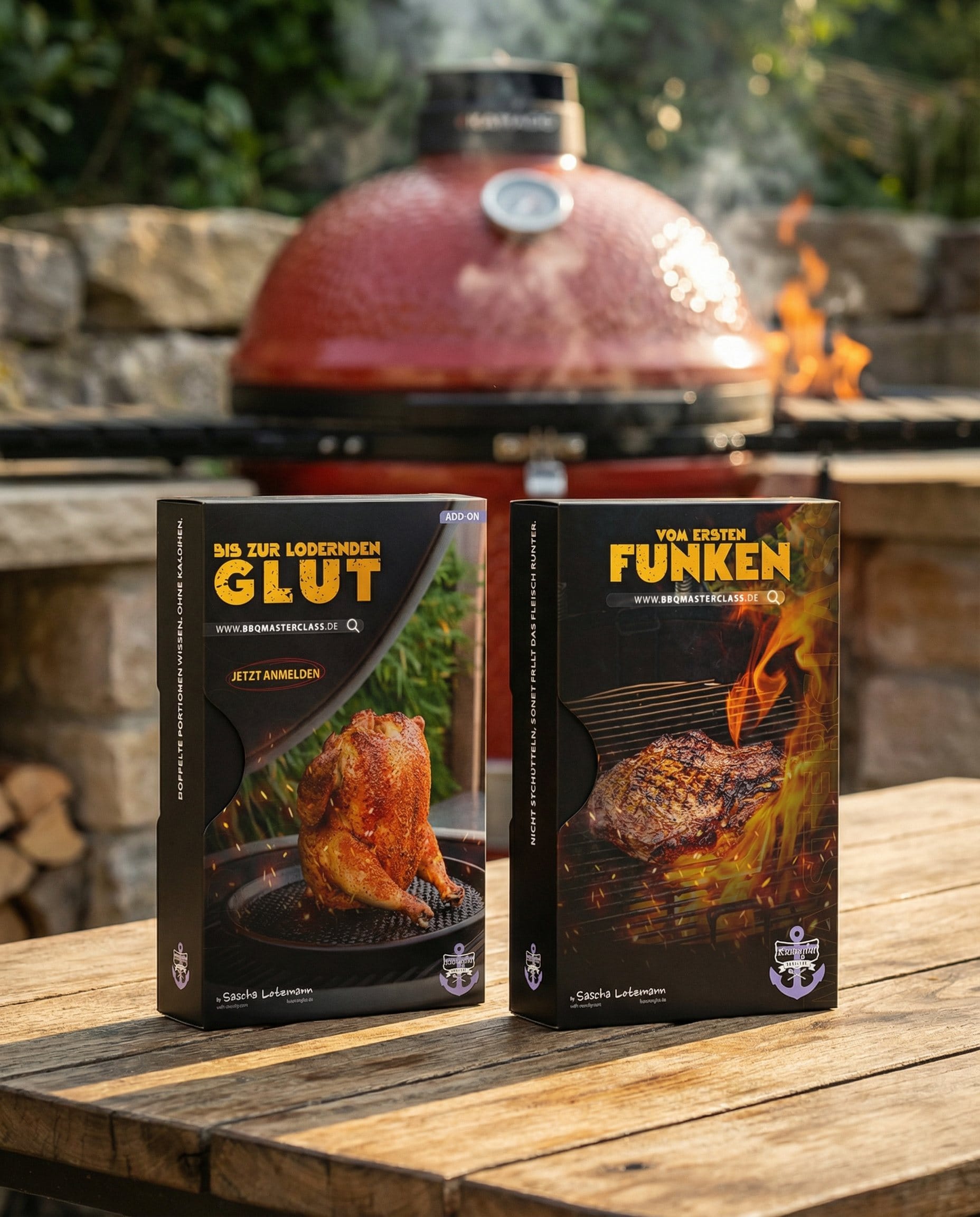 Both BBQ Masterclass course cases standing on a wooden table in front of a lit ceramic grill